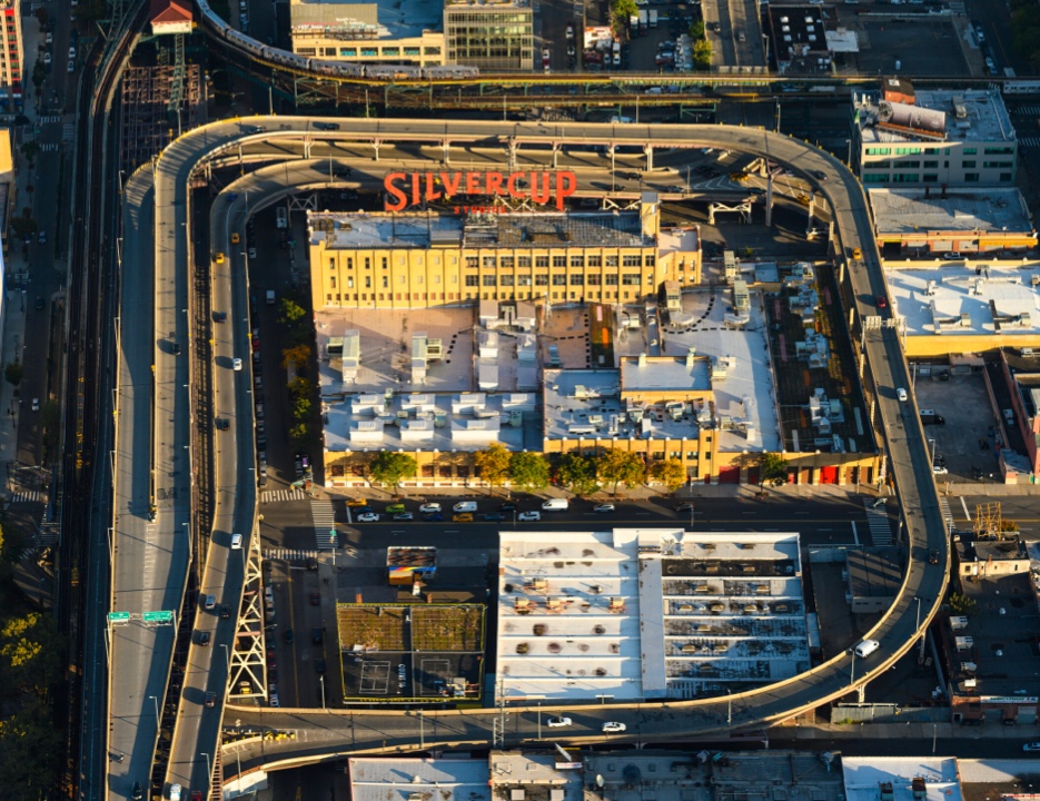 Silvercup Studios Main Aerial Exterior Building View with Signage